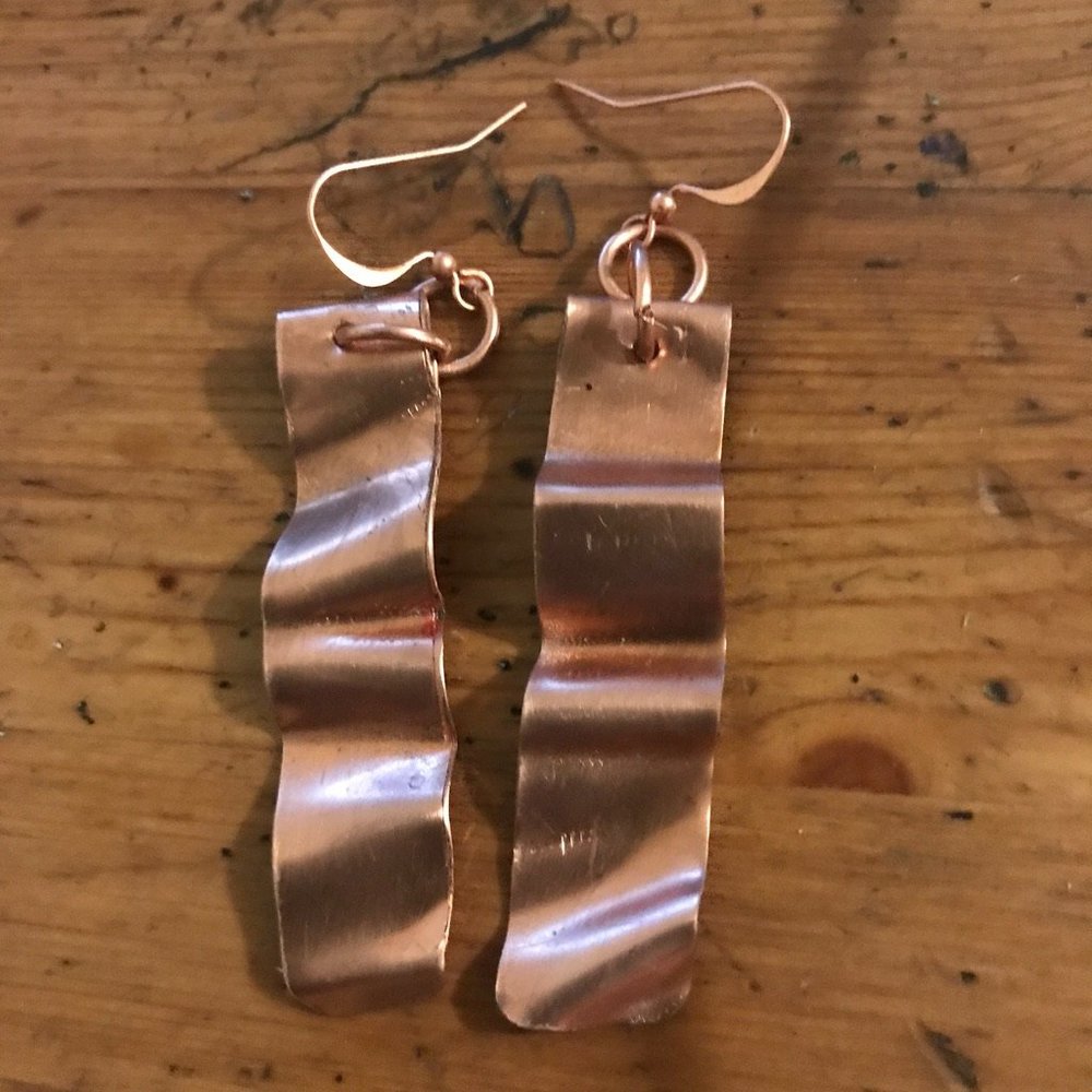 Long Pure Copper Solid Tribal Rustic Earrings Drop Boho Handmade Organic Folded - Picture 5 of 7